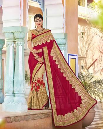 For A Beauty Of Indian Tradition, Grab This Pretty Saree In Dark Pink And Beige Color Paired With Beige Colored Blouse. This Saree Is Fabricated On Georgette And Silk Paired With Art Silk Fabricated Blouse. It Is Beautified With Heavy Embroidery All Over It, Buy This saree Now.