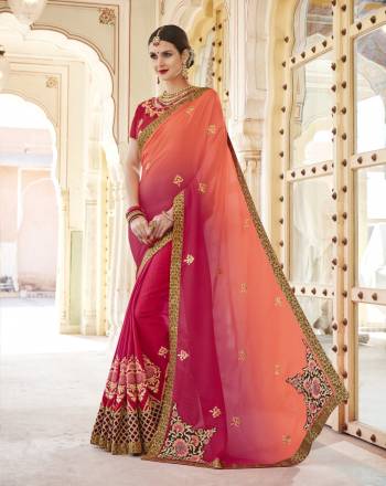 Look Pretty In This Girly Colored Saree In Peach And Dark Pink Color Paired With Dark Pink Colored Blouse. This Saree Is Fabricated On Georgette Paired With Art Silk Fabricated Blouse. This Designer Saree Is Light Weight And Easy To Carry All Day Long.