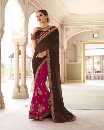 Attract All With This Saree In Brown And Magenta Pink Color Paired With Brown Colored Blouse. This Saree Is Fabricated On Georgette Paired With Art Silk Fabricated Blouse. Its Pretty Unique Combination Will Give You An Attractive Look Like Never Before.