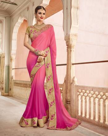 Here Is A Saree In Shades On Pink Color Paired With Beige Colored Blouse. This Saree Is Fabricated On Chiffon Georgette Paired With Art Silk Fabricated Blouse. It Is Beautified With Embroidery Over The Lace Border And Blouse. Buy Now.