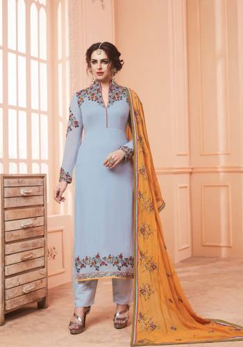 Add This Lovely Shade To Your Wardrobe With This Heavy Designer Straight Cut Suit In Baby Blue Colored Top And Bottom Paired With Contrasting Yellow Colored Dupatta. Its Top Is Fabricated On Georgette Paired With Santoon Bottom And Chiffon Dupatta. This Suit Is Light Weight And Easy To Carry Throughout The Gala.