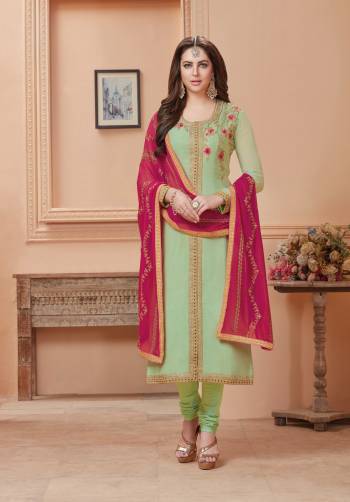 This Season Is About Subtle Colors And Pastel Shades So Grab This Designer Straight Cut Suit In Pastel Green Colored Embroidered Top And Bottom Paired With Contrasting Rani Pink Colored Embroidered Dupatta. Its Top Is Fabricated On Georgette Paired With Santoon Bottom And Chiffon Dupatta. It Beautified With Embroidery Over The Top And Dupatta. Buy It Soon.