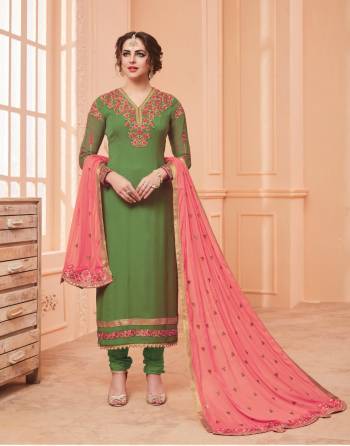 Fresh And New Look You Will Get Everytime You Wear This Designer Straight Cut Suit In Green Colored Top and Bottom Paired With Contrasting Pink Colored Dupatta. Its Heavy Embroidered Top Is Fabricated On Georgette Paired With Santoon Bottom And Chiffon Dupatta. It Has Pretty Embroidery Over The Top And Dupatta. Buy Now.