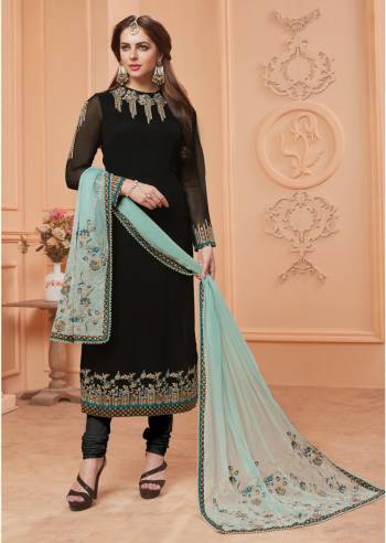 Enhance Your Beauty Wearing This Designer Straight Cut Suit In Black Colored Top Paired With Black Colored Bottom And Contrasting Baby Blue Colored Dupatta. Its Beautiful Embroidered Top Is Fabricated On Georgette Paired With Santoon Bottom And Chiffon Dupatta. Wear This And You Will Definitely Earn Lots Of Compliments From Onlookers.