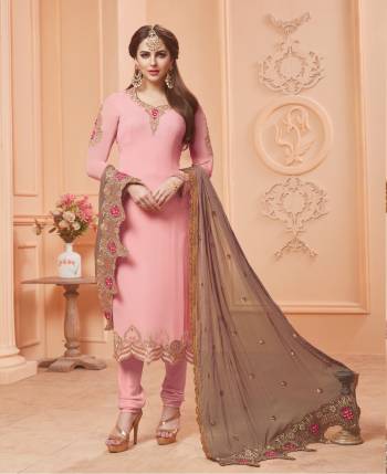 Look Pretty In This New And Unique Combination With This Designer Straight Cut Suit In Baby Pink Colored Top And Bottom Paired With Contrasting Grey Colored Dupatta. Its Top Is Fabricated On Georgette Paired With Santoon Bottom And Chiffon Dupatta. It Has Elegant Embroidery Over The Top And Dupatta. Buy Now.