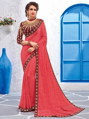 All the Fashionable women will surely like to step out in style wearing this old Rose pink color Georgette saree. this gorgeous saree featuring a beautiful mix of designs. look gorgeous at an upcoming any occasion wearing the saree. Its attractive color and designer embroidered design, stone, designer heavy blouse and beautiful floral design work over the attire & contrast hemline adds to the look. Comes along with a contrast unstitched blouse.