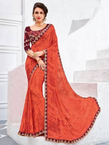 Flaunt a new ethnic look wearing this orange color Georgette saree. this party wear saree won't fail to impress everyone around you. this gorgeous saree featuring a beautiful mix of designs. Its attractive color and designer embroidered design, stone, designer heavy blouse and beautiful floral design work over the attire & contrast hemline adds to the look. Comes along with a contrast unstitched blouse.