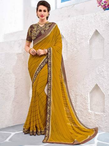 Flaunt a new ethnic look wearing this yellow color Georgette saree. Ideal for party, festive & social gatherings. this gorgeous saree featuring a beautiful mix of designs. Its attractive color and designer embroidered design, stone, designer heavy blouse and beautiful floral design work over the attire & contrast hemline adds to the look. Comes along with a contrast unstitched blouse.