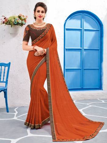 Classy, sensuous and versatile are the perfect words to describe this Rust orange color Georgette saree. Ideal for party, festive & social gatherings. this gorgeous saree featuring a beautiful mix of designs. Its attractive color and designer embroidered design, stone, designer heavy blouse and beautiful floral design work over the attire & contrast hemline adds to the look. Comes along with a contrast unstitched blouse.