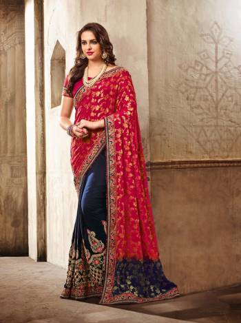 Grab This Dark Shade Saree In Dark Pink And Navy Blue Color Paired With Dark Pink Colored Blouse, This Saree Is Fabricated On Jacquard Georgette And Georgette Paired With Art Silk Fabricated Blouse. This Saree IS Beautified with Embroidery Over The Saree Panel. Buy Now.