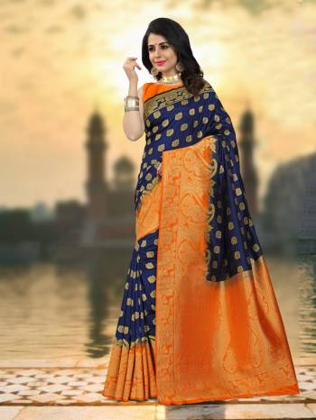 Attract All With This Attractive Combination In Blue Colored Saree Paired With Contrasting Orange Colored Blouse. This Saree And Blouse Are Fabricated On Art Silk Beautified With Weave All Over It. It Is Light Weight And Easy To Carry All Day Long.