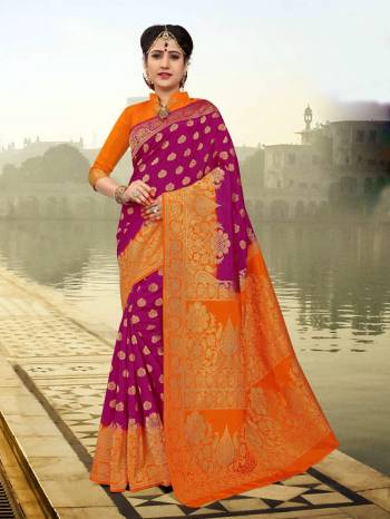 Bright And Visually Appealing Color Is Here With This Saree In Rani Pink Color Paired With Orange Colored Blouse. This Saree And Blouse Are Fabricated On Art Silk Beautified With Weave All Over It. It Is Easy To Drape And Also Durable Which Is Easy To Care For. 