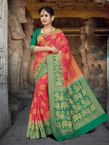 Go Colorful Wearing This Pink Color Paired With Contrasting Green Colored Blouse. This Saree And Blouse Are Fabricated On Art Silk Beautified with Weave All Over With Folk Prints. Buy Now.