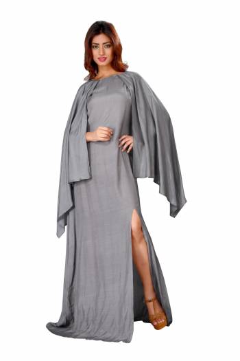 Here Is Trendy Gown Patterned In Cape Sleeves , Grab This Grey Colored Gown Fabricated On Cotton Satin. This Readymade Gown Is Available In Many Sizes.