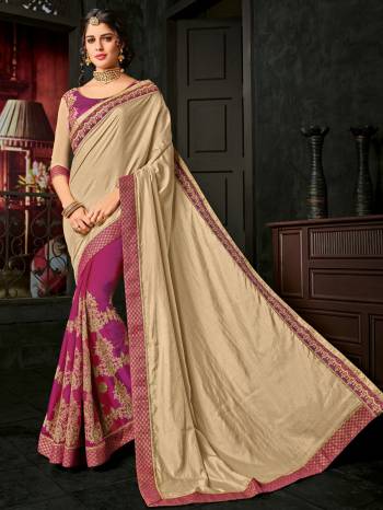 All the Fashionable women will surely like to step out in style wearing this beige and magenta pink color silk and two-tone silk fabrics saree. this gorgeous saree featuring a beautiful mix of designs. look gorgeous at an upcoming any occasion wearing the saree. Its attractive color and designer embroidered design, patch design, stone, heavy designer blouse, beautiful floral design work over the attire & contrast hemline adds to the look. Comes along with a contrast unstitched blouse.