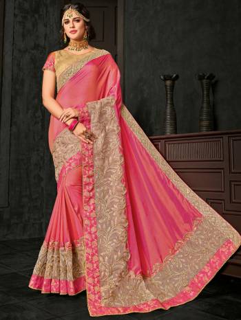 Flaunt a new ethnic look wearing this pink color two-tone silk saree. this party wear saree won't fail to impress everyone around you. this gorgeous saree featuring a beautiful mix of designs. Its attractive color and designer embroidered design, patch design, stone, heavy designer blouse, beautiful floral design work over the attire & contrast hemline adds to the look. Comes along with a contrast unstitched blouse.