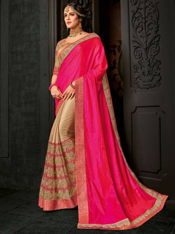 Impress everyone with your amazing Trendy look by draping this fuschia pink and beige color two-tone silk and lycra pattern saree. this party wear saree won't fail to impress everyone around you. this gorgeous saree featuring a beautiful mix of designs. Its attractive color and designer embroidered design, heavy designer blouse, cut paste saree, beautiful floral design work over the attire & contrast hemline adds to the look. Comes along with a contrast unstitched blouse.