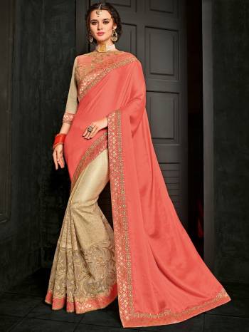 The fabulous pattern makes this pink and beige color moss chiffon and lycra pattern saree. Ideal for party, festive & social gatherings. this gorgeous saree featuring a beautiful mix of designs. Its attractive color and designer embroidered design, patch design, stone, heavy designer blouse, beautiful floral design work over the attire & contrast hemline adds to the look. Comes along with a contrast unstitched blouse.