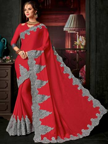 Change your wardrobe and get classier outfits like this gorgeous red color Bright georgette saree. Ideal for party, festive & social gatherings. this gorgeous saree featuring a beautiful mix of designs. Its attractive color and designer embroidered design, patch design, stone, heavy designer blouse, beautiful floral design work over the attire & contrast hemline adds to the look. Comes along with a contrast unstitched blouse.