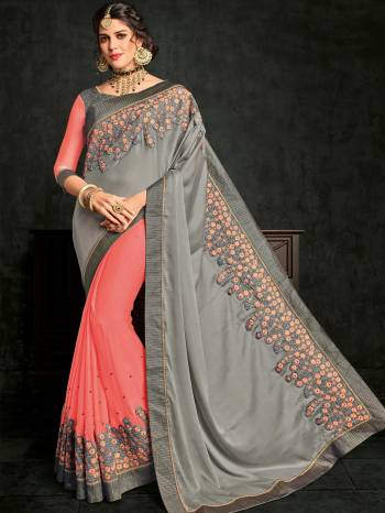 Gorgeously mesmerizing is what you will look at the next wedding gala wearing this beautiful grey and pink color Bright georgette and moss chiffon saree. Ideal for party, festive & social gatherings. this gorgeous saree featuring a beautiful mix of designs. Its attractive color and designer embroidered design, patch design, stone, heavy designer blouse, half design saree, beautiful floral design work over the attire & contrast hemline adds to the look. Comes along with a contrast unstitched blouse.