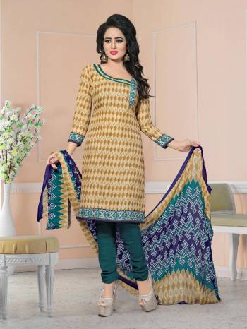 Simple Dress Material Is Here For Your Casual Wear In Beige Colored Top Paired With Teal Green Colored Bottom And Multi Colored Dupatta. Its Top And Bottom Are Fabricated On Cotton Paired With Chiffon Dupatta. Buy Now.