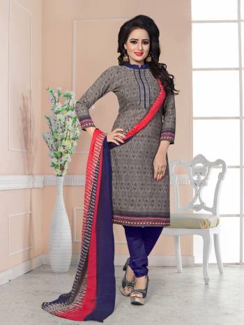 Earn Lots Of Compliments Wearing This Dress Material In Grey Colored Top Paired With Violet Colored Bottom And Multi Colored Dupatta. Its Top And Bottom Are Fabricated On Cotton Paired With Chiffon Dupatta. Buy This Printed Dress Material Now.