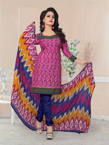 For Your Casual Wear, Grab This Dress Material In Pink Colored Top Paired With Dark Blue Colored Bottom And Multi Colored Dupatta. Its Top And Bottom Are Fabricated On Cotton Paired With Chiffon Dupatta. Its All Thre Fabrics Ensures Superb Comfort All Day Long.