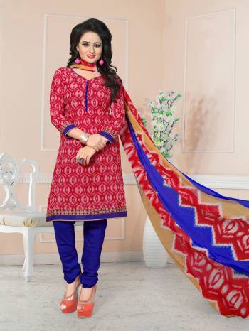 Shine Bright With This Attractive Dress Material In Red Colored Top Paired Wit Royal Blue Colored Bottom And Multi Colored Dupatta. Its Top And Bottom are fabricated On cotton Paired With Chiffon Dupatta. Buy Now.