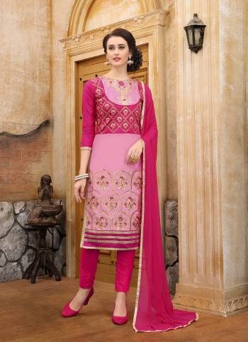 Look Pretty In This Dress Material In Pink Colored Top Paired With Dark Pink Colored Bottom And Dupatta. Its Top And Bottom Are Fabricated On Cotton Paired With Chiffon Dupatta. Get This Dress Material Which Will Ensure You Superb Comfort All day Long.