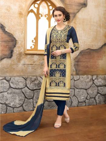 Adorn A Beautiful Personality Wearing This Dress Material In Navy Blue And Cream Color Paired With Navy Blue Colored Bottom And Navy Blue And Cream Colored Dupatta. Its Top And Bottom Are Fabricated On Cotton Paired With Chiffon Dupatta. Buy Now.