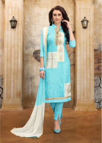 Grab This Pretty Dress Material In Sku Blue Colored Top Paired With Sky Blue Colored Bottom And Sky White Shaded Dupatta, Its Top And Bottom Are Fabricated On Cotton Paired With Chiffon Dupatta. This Suit Is Light Weight And Easy To Carry All Day Long.