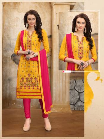 Attract All Wearing This Suit In Bright Yellow Color Paired With Contrasting Dark Pink Colored Bottom And Dupatta. Its Top And Bottom Are Fabricated On Cotton Paired With Chiffon Dupatta. Grab It Soon.