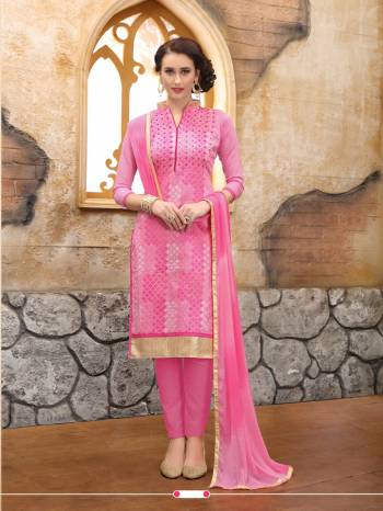 A Must Have Color In Every Womes Wardrobe Is Here With This Dress Material In Pink Colored Top Paired With Pink Colored Bottom And Dupatta. Its Top And Bottom Are Fabricated On Cotton Paired With Chiffon Dupatta. It Has Pretty Embroidery All Over Its Top. Buy Now.