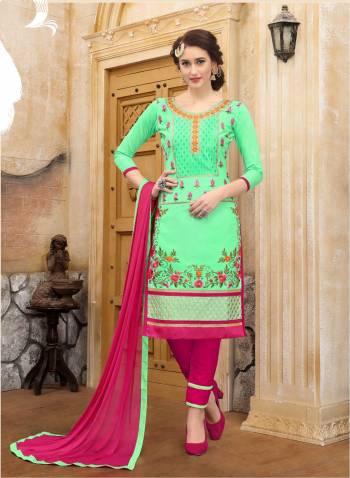 Here Is A Dress Material For Your Casual Or Semi-Casual Wear In Green Colored Top Paired With Contrasting Dark Pink Colored Bottom And Dupatta. Its Top And Bottom Are Fabricated On Cotton Paired With Chiffon Dupatta. This Suit Is Light Weight And Easy To Carry All Day Long.