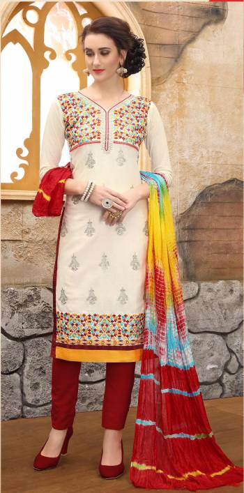 If Those Readymade Suit Does Not Lend You The Desired Comfort Than Grab This Dress Material In Off-White Colored Top Paired With Maroon Colored Bottom And Multi Colored Dupatta. Its Top And Bottom Are Fabricated On Cotton Paired With Chiffon Dupatta. Get This Stitched As Per Your Desired Fit And Comfort.