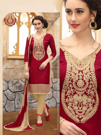 Get A Royal Look Like Never Before Wearing This Dress Material In Maroon Colored Top Paired With Beige Colored Bottom And Maroon And Beige Dupatta. Its Top And Bottom Are Fabricated On Cotton Paired With Chiffon Dupatta. Buy This Rich Looking Dress Material Now.