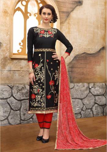 Enhance Your Beauty Wearing This Suit In Black Colored Top Paired With Red Colored Bottom And Dupatta. This Dress Material Is Fabricated On Cotton Paired With Chiffon Dupatta. Get This Stitched As Per Your Desired Fit And Comfort. 