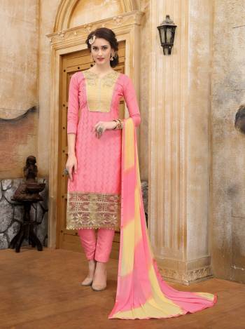 Look Pretty In This Suit With Pink Colored Top Paired With Pink Colored Bottom And Pink And Yellow Colored Dupatta. Its Top and Bottom Are Fabricated On Cotton Paired With Chiffon Dupatta. This Dress Material Ensures Superb Comfort All Day Long. Buy Now.