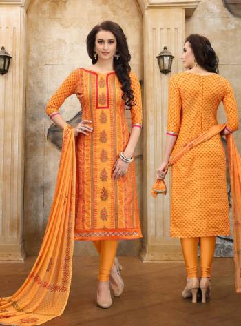 Orange Color Induces Perfect Summery Appeal To Any Outfit So Grab This Dress Material In Orange Colored Top Paired With Orange Colored Bottom And Dupatta. Its Top and Bottom are Fabricated On Cotton Paired With Chiffon Dupatta. Buy Now.