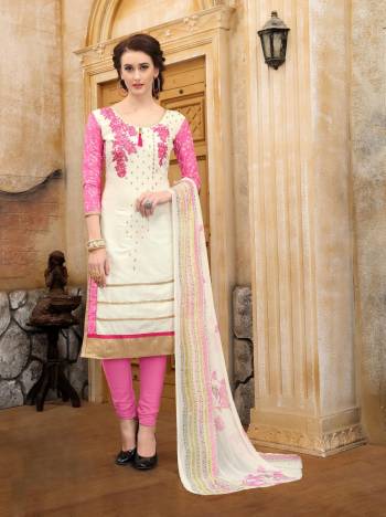 For A Pretty Amazing Look, Grab This Dress Material In Pink And White Color Paired With Pink Colored Bottom And White Colored Dupatta. Its Top And Bottom Are Fabricated On Cotton Paired With Chiffon Dupatta. It Is Light Weight And Easy To Carry All Day Long.