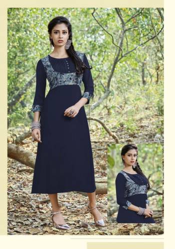 For A Great Personality, Grab this Pretty Readymade Kurti In Navy Blue Color Fabricated On Rayon Cotton. This Kurti Is Light Weight, Soft Towards Skin And also Duarble. 