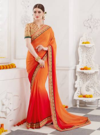 Orange And Red Color Induces Perfect Summery Appeal To Any Outfit, So Grab This Designer Saree In Shaded Orange And Red Color Paired With Beige Colored Blouse. This Saree Is Fabricated On Georgette Paired With Art Silk Fabricated Blouse. It Has Beautiful Embroidery Over The Blouse And Saree Lace Border.