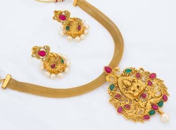 Another Elegant Looking Designer Necklace Set Is Here In Golden Color With Pendant Pattern In Golden Color Beautified With Pink And Green Colored Stone Work. Buy It Now.