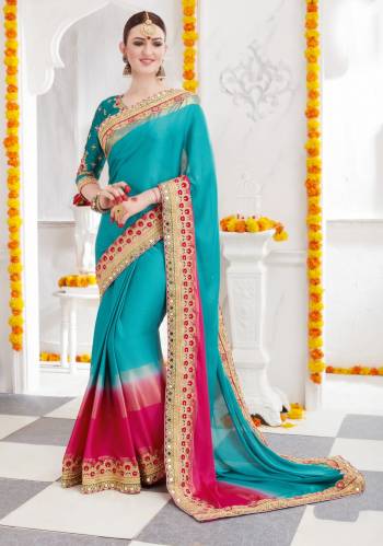 Grab This Designer Saree In Blue And Pink Color Paired With Blue Colored Blouse. This Saree Is Fabricated On Georgette Paired With Art Silk Fabricated Blouse. This Saree Is Light Weight And Easy To Carry All Day Long. Buy It Now.