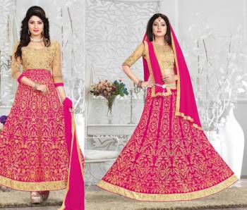 Add This Atractive Looking Rani Pink Color To Your Wardrobe. This Semi-Stitched Dress Can Be Stitched As Lehenga Or An Anarkali Suit. It Comes With A Blouse, Semi-Stitched Lehenga, Bottom Fabric And Dupatta. You Can Get This Tailored As Per Your Needs And Comfort. Buy Now.