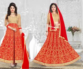 Adorn The Angelic Look Wearing This Red Colored Two In One Lehenga Suit, Which Can Be Made As Anarkali Suit Or Lehenga Choli. Its Blouse Is In Beige Color Paired With Red Colored Lehenga And Beige Colored Bottom With Red Colored Dupatta. Make It Stitch As A Lehenga Choli Or An Anarkali Suit As Per Your Suitable Function.