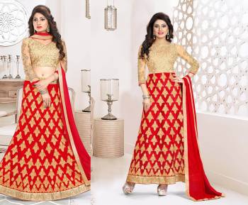 Adorn The Angelic Look Wearing This Red Colored Two In One Lehenga Suit, Which Can Be Made As Anarkali Suit Or Lehenga Choli. Its Blouse Is In Beige Color Paired With Red Colored Lehenga And Beige Colored Bottom With Red Colored Dupatta. Make It Stitch As A Lehenga Choli Or An Anarkali Suit As Per Your Suitable Function.