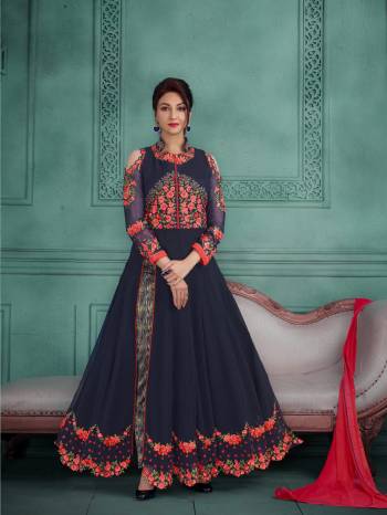 Enhance Your Personality Wearing This Designer Floor Length Suit In Navy Blue Colored Top Paired With Multi Colored Bottom And Navy Blue Colored Dupatta. Its Top Is Fabricated On Georgette Paired With Jacquard Silk Bottom And Chiffon Dupatta. It Is Elegant Front Slit Making The Suit Attractive. Buy Now.