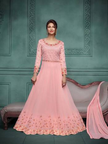 Look Pretty Wearing This Designer Floor Length Suit In Baby Pink Color Paired With Baby Pink Colored Bottom And Dupatta. Its Top Is Fabricated On Georgette Paired With Santoon Bottom And Chiffon Dupatta. Its Top IS Beautified With Elegant Embroidery. Buy Now.