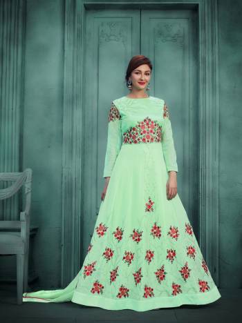 Add This Very Pretty Shade Of Green To Your Wardrobe With This Designer Floor Length Suit In Sea Green Colored Top Paired With Sea Green Colored Bottom And Dupatta. Its Top Is Fabricated On Georgette Paired With Santoon Bottom And Chiffon Dupatta. Buy This Pretty Suit Now.